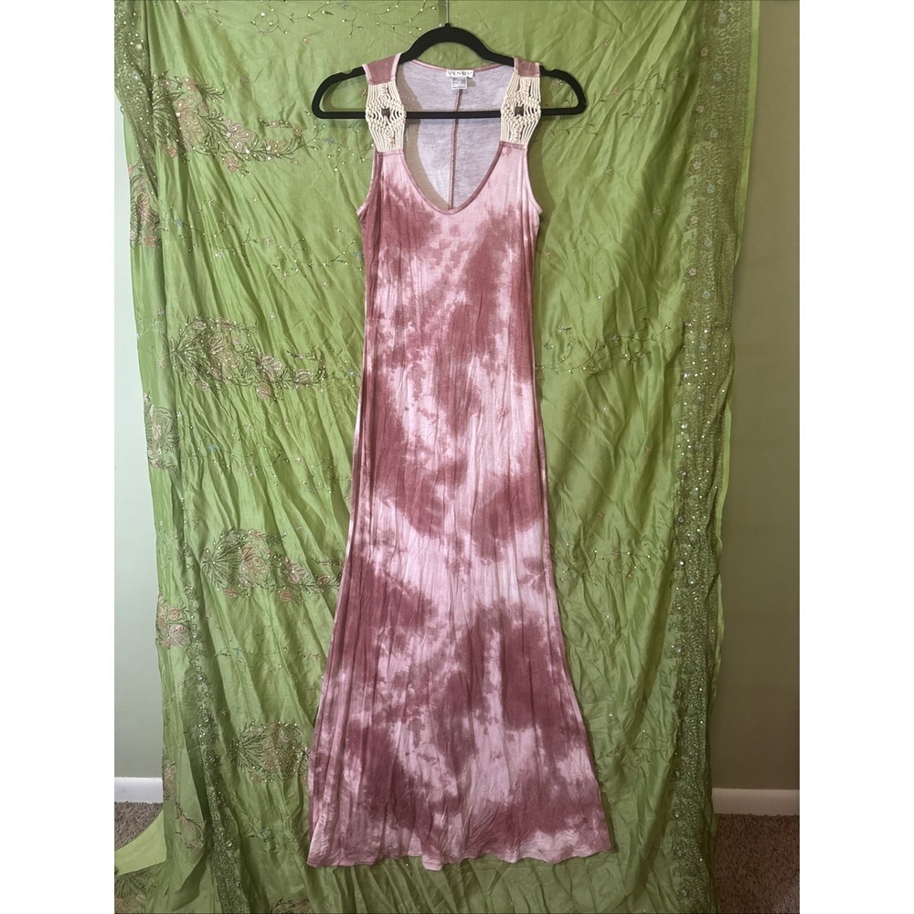 Boho‎ Tie Dye Maxi Dress Pink Dusty Rose Crochet Lace Trim Festival Size Sm